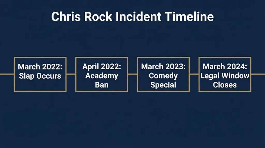 Chris Rock incident timeline from the 2022 slap to the 2024 legal window closing.
