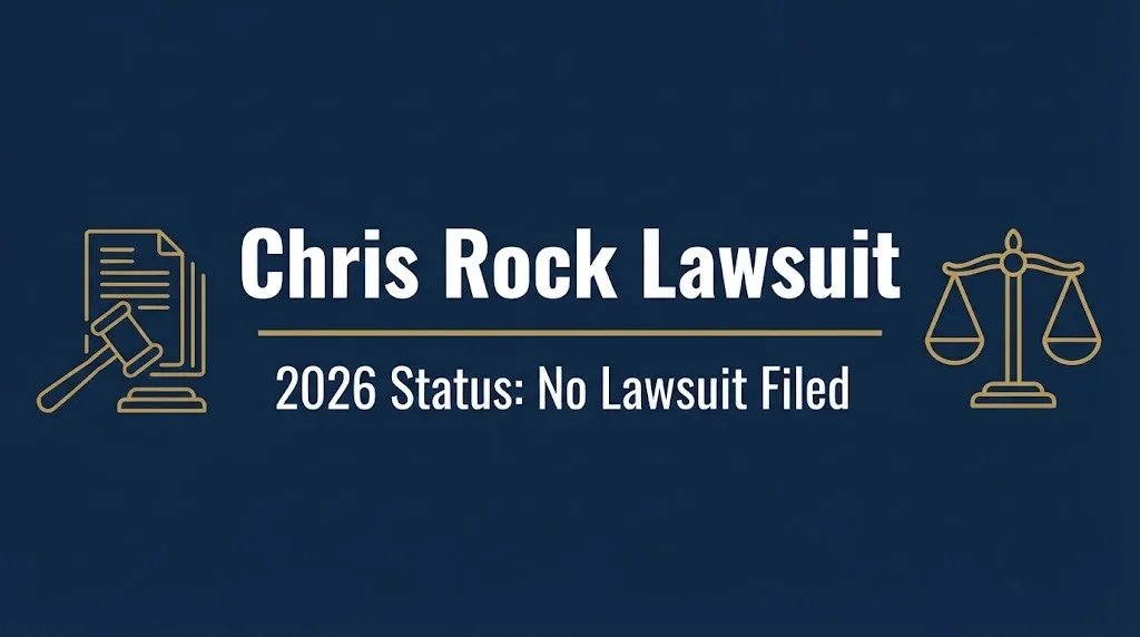 Chris Rock lawsuit 2026 status showing no lawsuit filed with gavel and scales icons.
