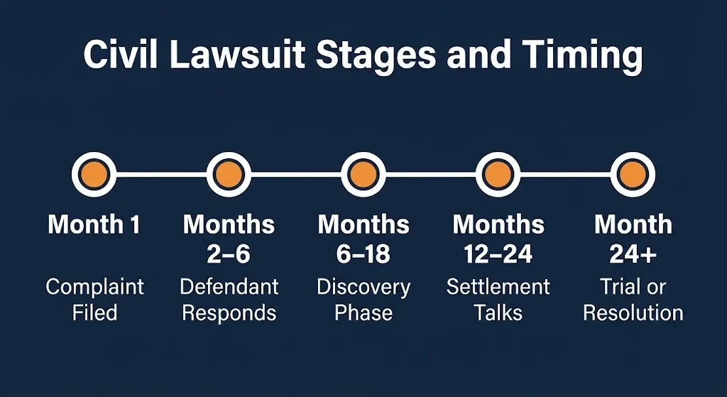 Civil lawsuit timeline stages from filing to trial resolution