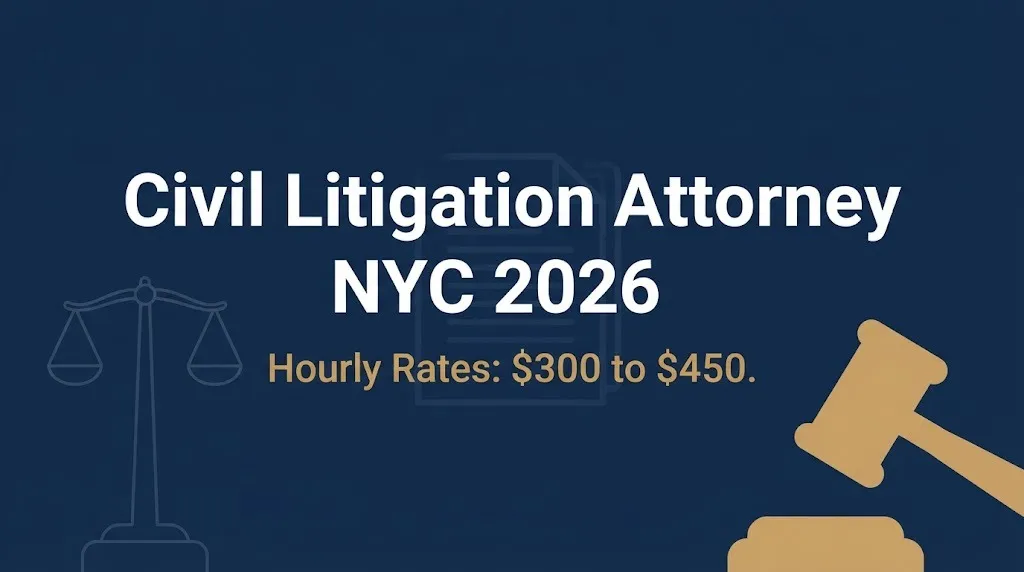 Civil litigation attorney NYC 2026 hero banner showing hourly rate range and legal symbols.
