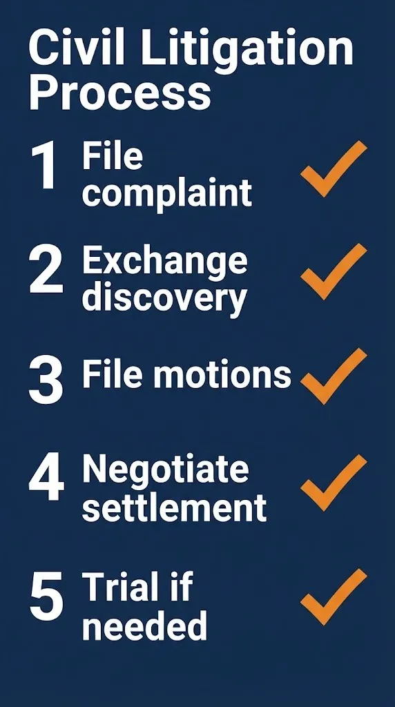 Civil litigation process steps showing complaint filing, discovery, motions, settlement, and trial.