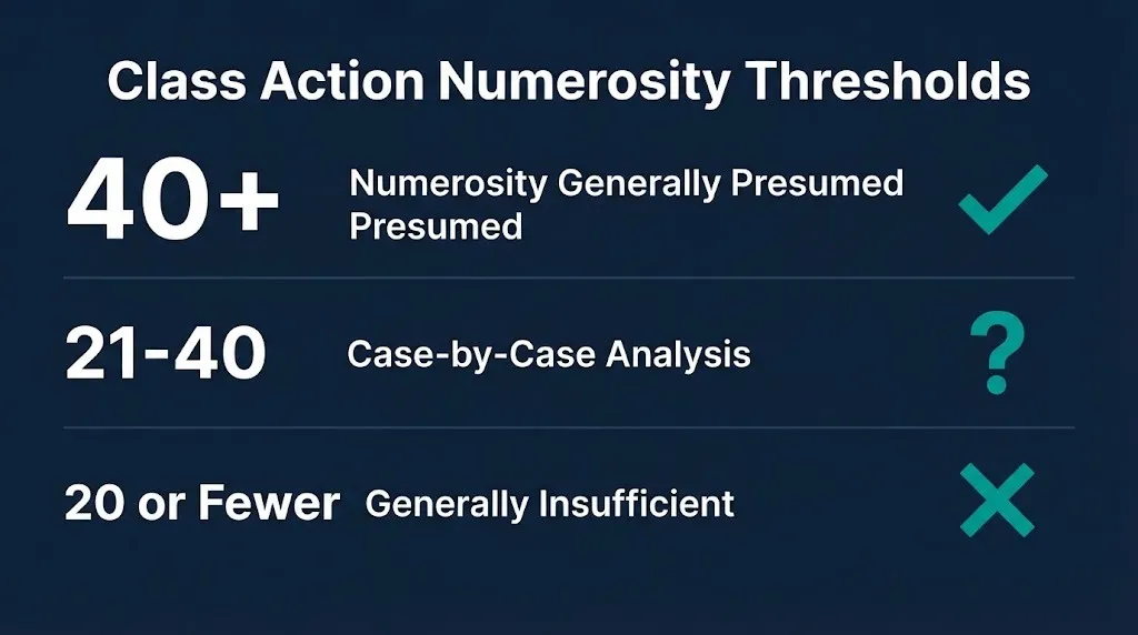 Class action numerosity thresholds chart showing 40 plus members presumed sufficient for certification