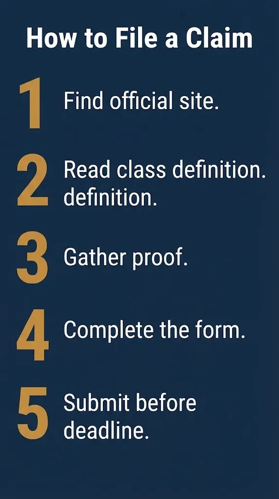 Class action settlement claim filing steps with five actions on navy infographic