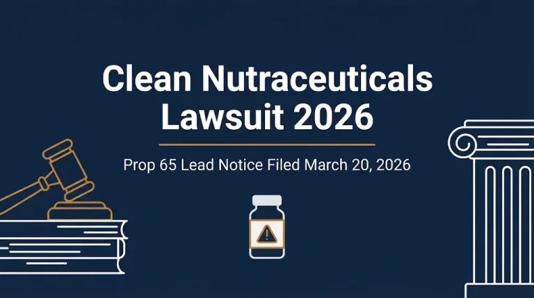 Clean Nutraceuticals lawsuit 2026 hero banner showing Prop 65 lead notice filing date March 20, 2026