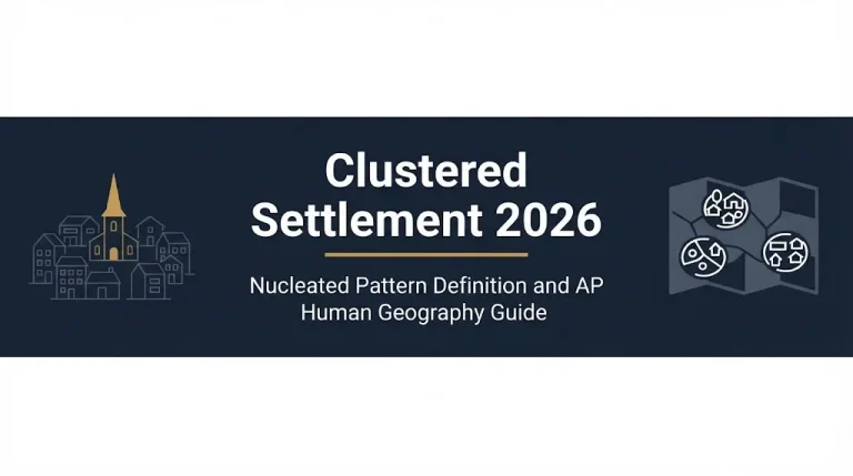 Clustered settlement 2026 banner with nucleated pattern definition and AP Human Geography guide.