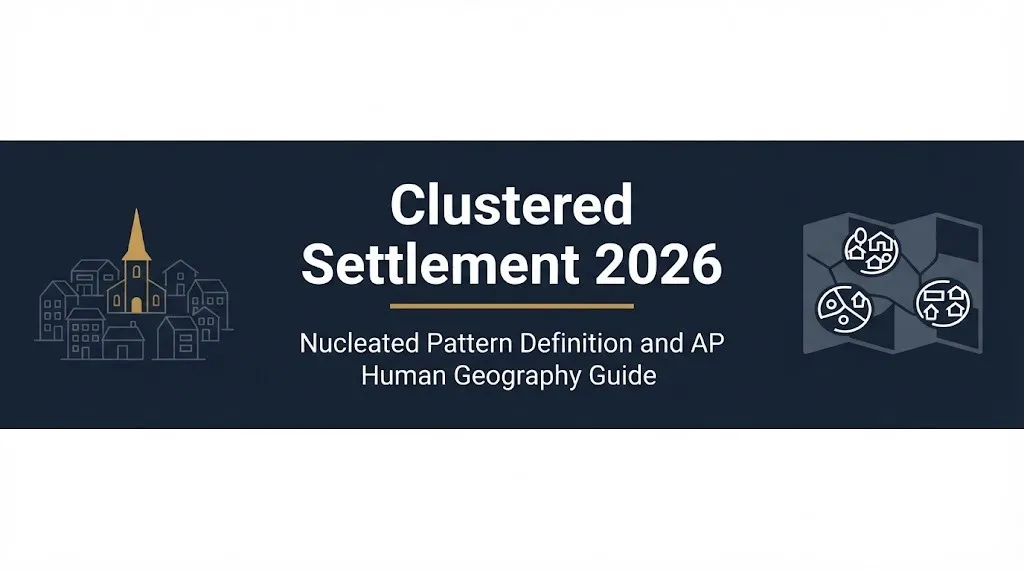 Clustered settlement 2026 banner with nucleated pattern definition and AP Human Geography guide.