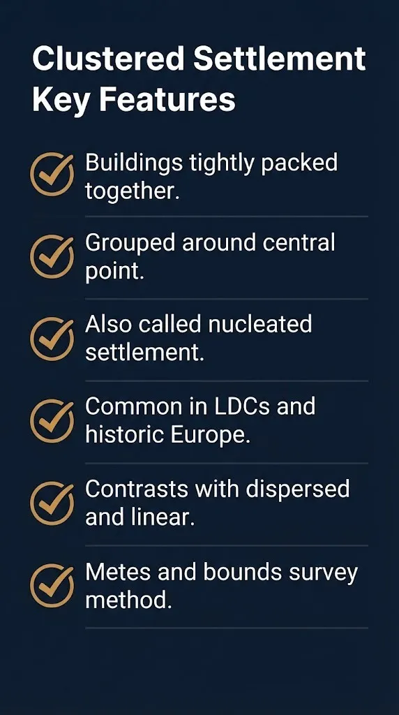Clustered settlement key features checklist for AP Human Geography study.