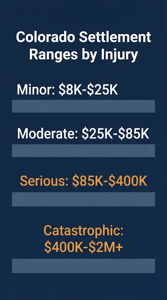 Colorado car accident settlement payout tiers showing ranges from $8K to $2M+ by injury severity.