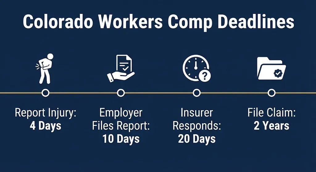 Colorado workers compensation filing deadlines timeline showing 4 days to report and 2 years to file claim