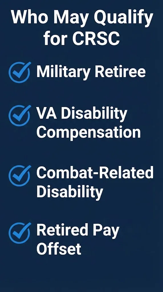 Combat-Related Special Compensation eligibility checklist showing four qualification criteria for military retirees.
