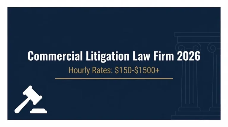 Commercial litigation law firm 2026 hourly rate guide banner infographic