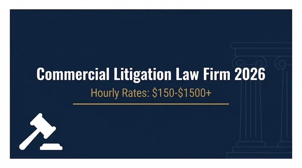 Commercial litigation law firm 2026 hourly rate guide banner infographic