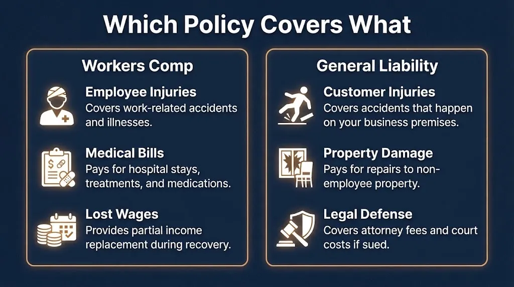 Comparison graphic showing what workers comp covers versus general liability insurance.