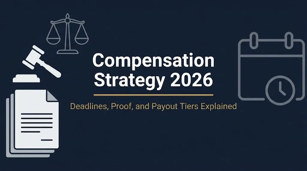 Compensation Strategy 2026 banner showing legal documents, scales, calendar, and status line about deadlines and payout tiers.