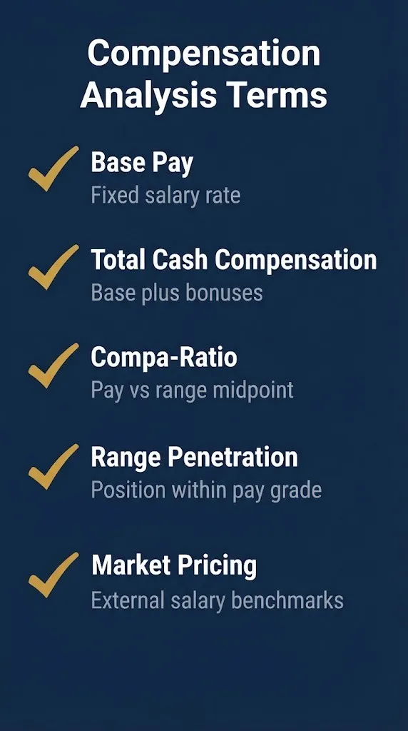 Compensation analysis key terms checklist with base pay and compa-ratio definitions