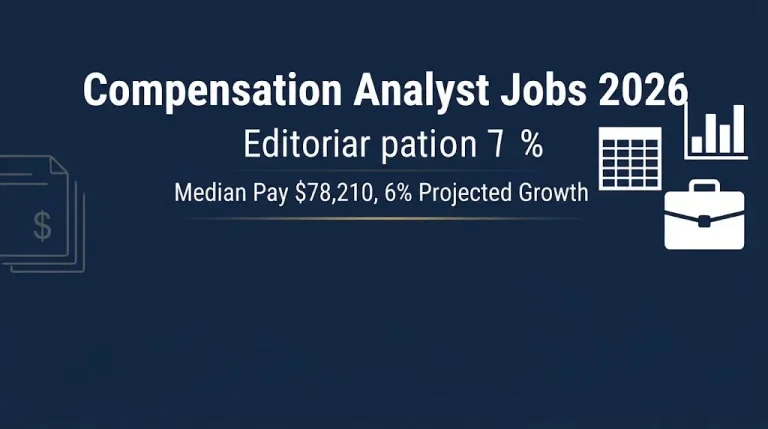 Compensation analyst jobs 2026 banner showing median pay of $78,210 and 6% job growth.