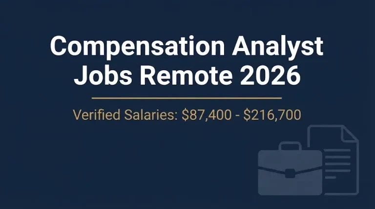 Compensation analyst jobs remote 2026 banner showing verified salary range from $87,400 to $216,700.