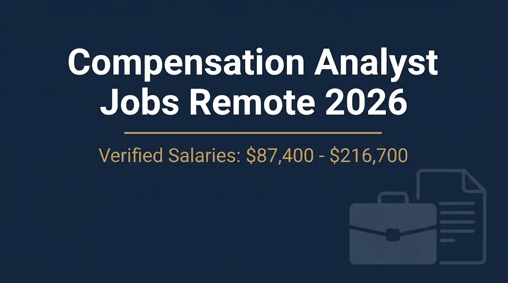 Compensation analyst jobs remote 2026 banner showing verified salary range from $87,400 to $216,700.