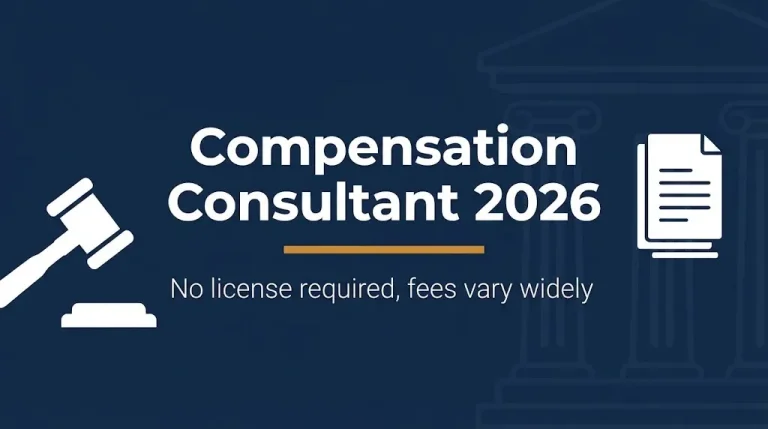 Compensation consultant 2026 banner showing no license required and legal symbols.