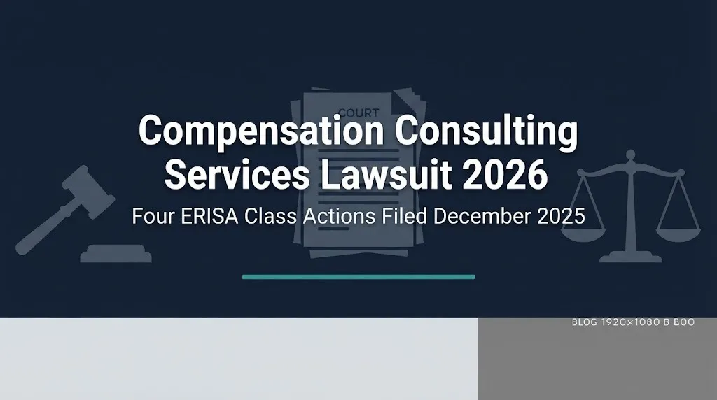 Compensation consulting services lawsuit 2026 hero banner with gavel and scales graphics.