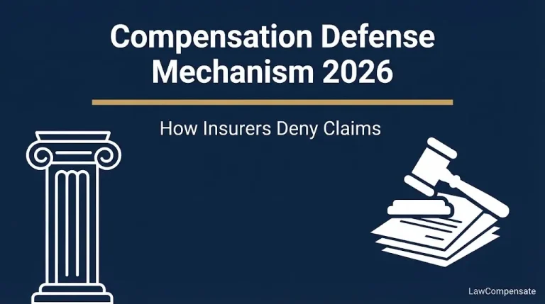 Compensation defense mechanism 2026 banner showing how insurers deny claims with legal icons.