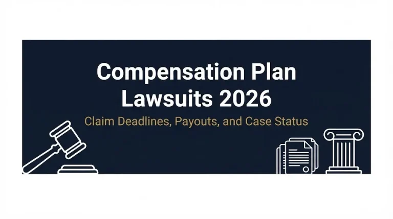 Compensation plan lawsuits 2026 banner with claim deadlines and payout status text.