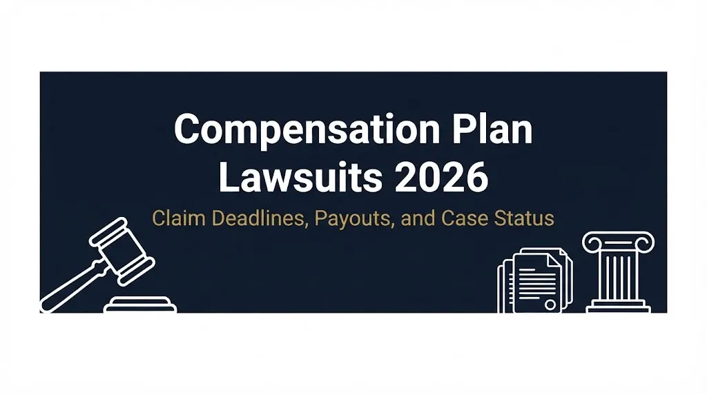 Compensation plan lawsuits 2026 banner with claim deadlines and payout status text.