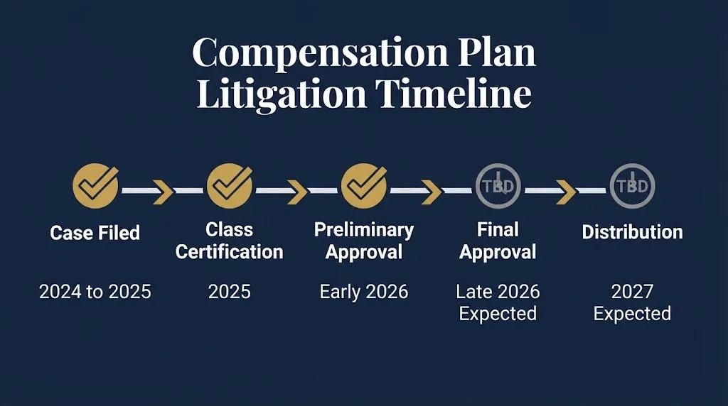 Compensation plan litigation timeline showing key stages from filing through distribution.