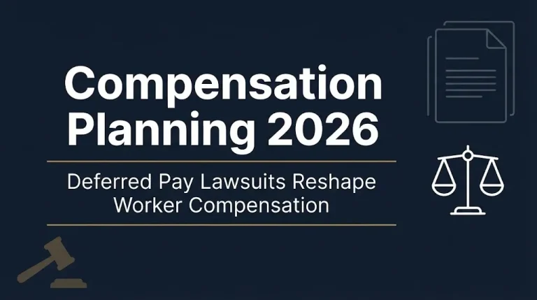 Compensation planning 2026 graphic showing deferred pay lawsuits reshape worker compensation.