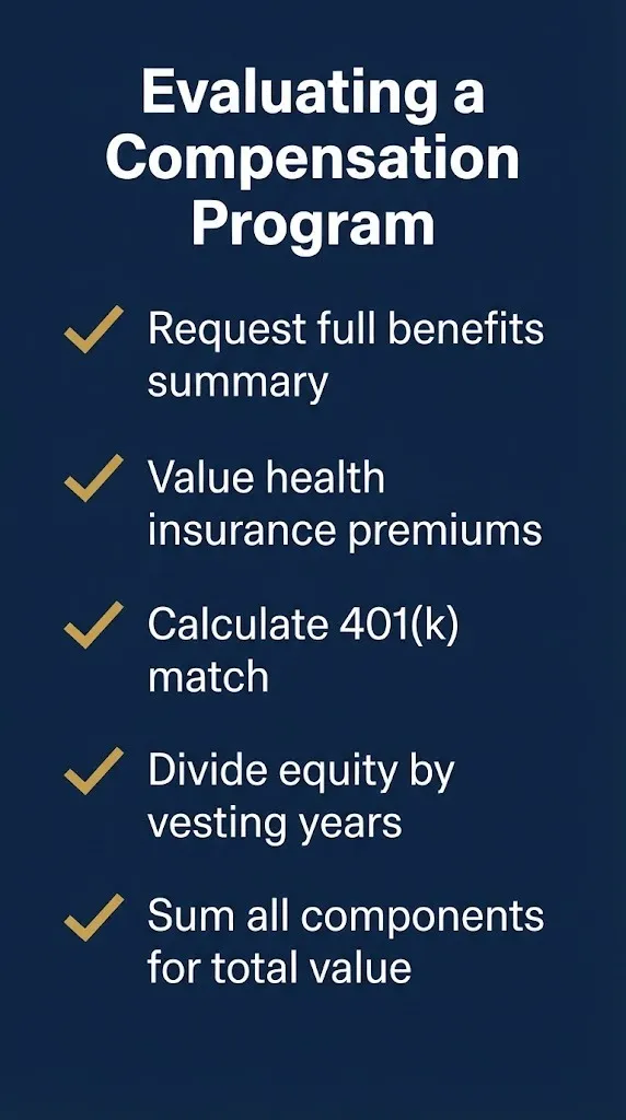 Compensation program evaluation checklist for comparing job offers and total value.