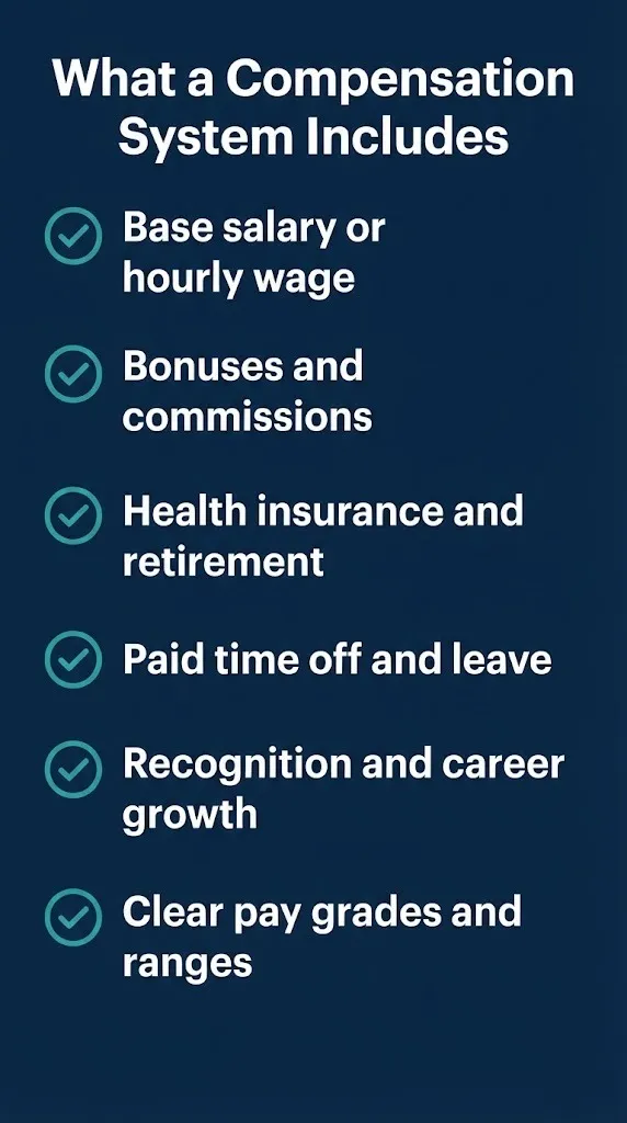 Compensation system components checklist with six key elements.