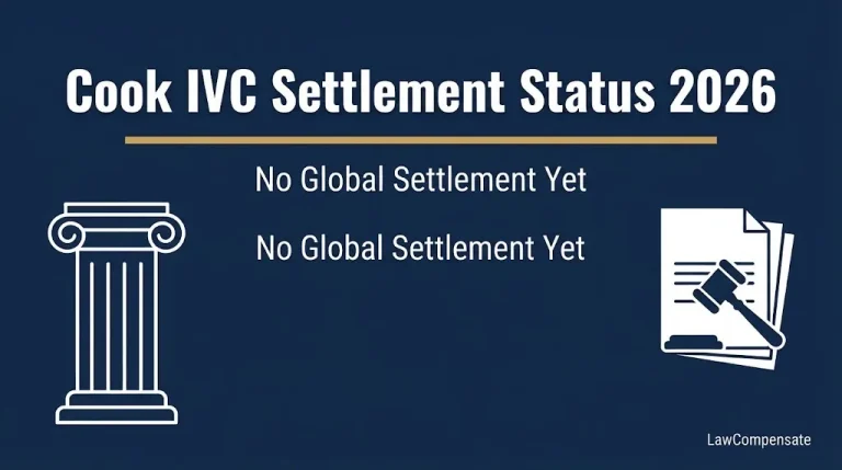 Cook IVC settlement status 2026 banner showing no global settlement yet with courthouse and gavel icons.