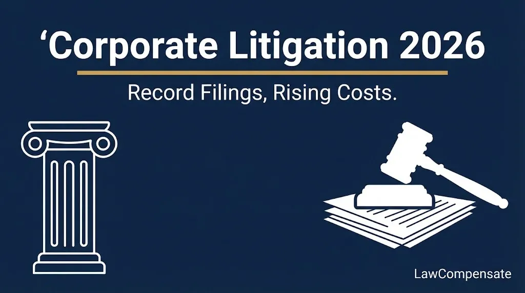 Corporate Litigation 2026 banner showing record filings and rising costs with courthouse and gavel icons.