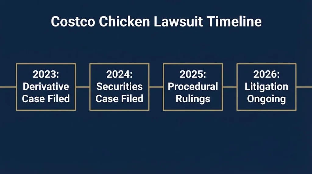 Costco chicken lawsuit timeline from derivative case filing to ongoing litigation in 2026.