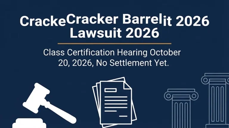 Cracker Barrel lawsuit 2026 banner showing class certification hearing October 20 2026 and no settlement yet.