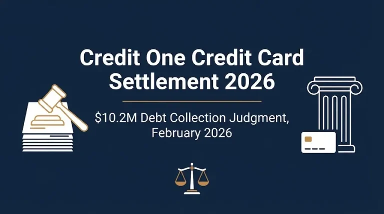 Credit One credit card settlement 2026 hero banner showing $10.2M debt collection judgment date