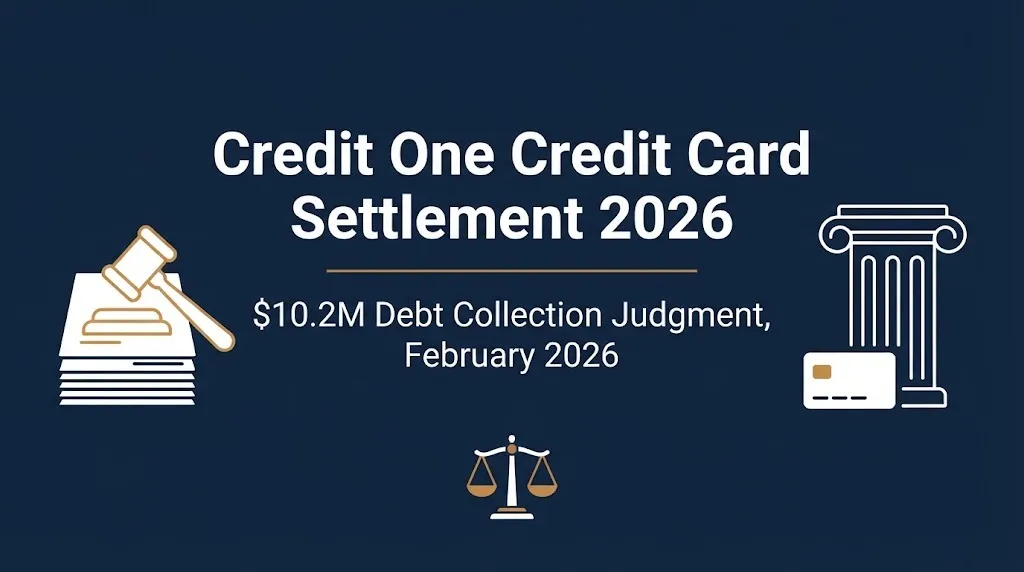 Credit One credit card settlement 2026 hero banner showing $10.2M debt collection judgment date