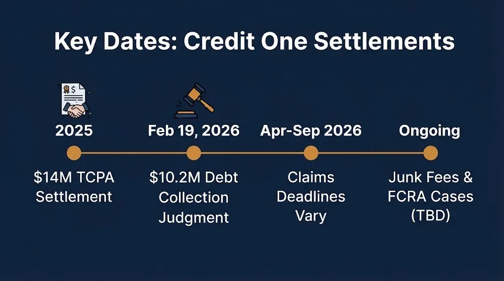 Credit One settlement 2026 timeline showing TCPA settlement, debt collection judgment, and claims deadlines