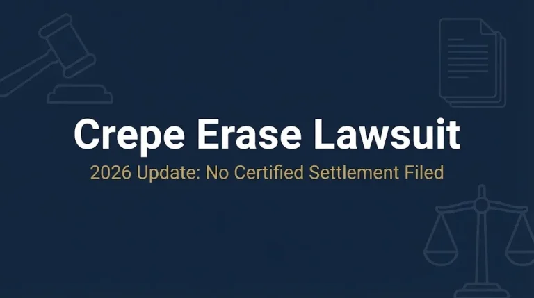 Crepe Erase lawsuit 2026 banner showing no certified settlement filed.