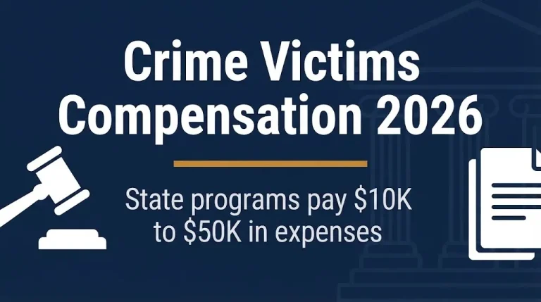 Crime victims compensation 2026 banner showing benefit range and legal symbols.
