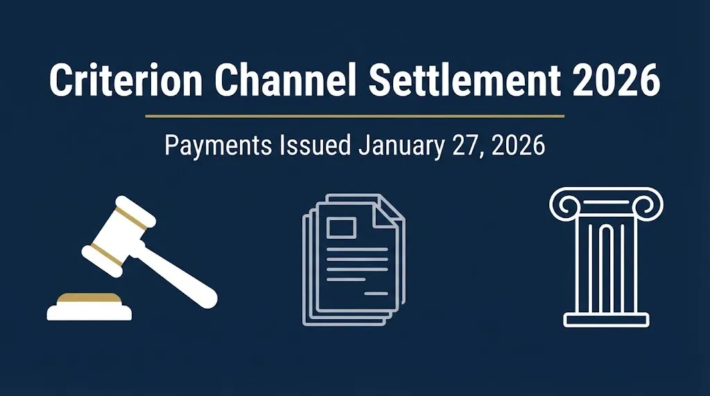 Criterion Channel settlement 2026 infographic banner with gavel and January 27 payment date