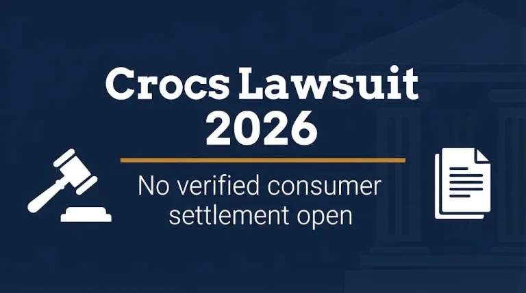 Crocs lawsuit 2026 banner showing no verified consumer settlement and legal symbols.