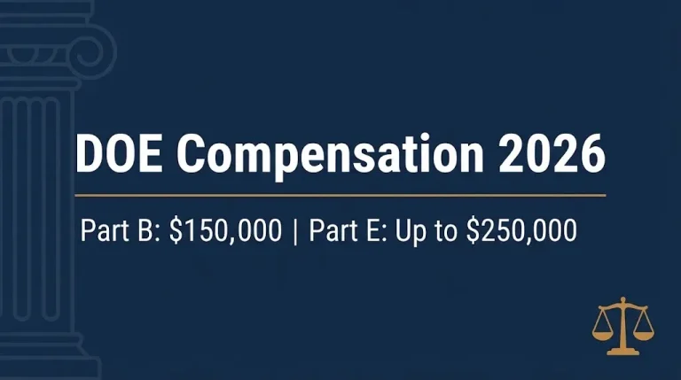 DOE compensation 2026 banner showing EEOICPA benefit amounts of $150,000 and up to $250,000.