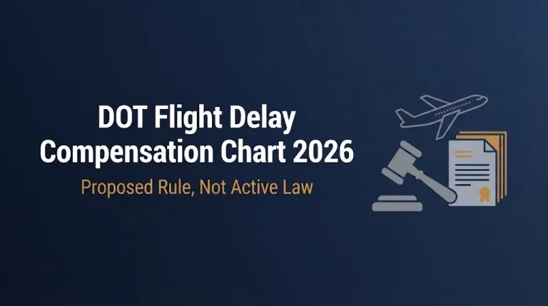 DOT flight delay compensation chart 2026 banner showing proposed rule status with gavel and airplane graphics.