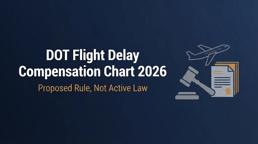 DOT flight delay compensation chart 2026 banner showing proposed rule status with gavel and airplane graphics.