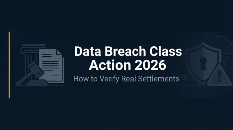 Data breach class action 2026 banner showing how to verify real settlements and avoid scams.