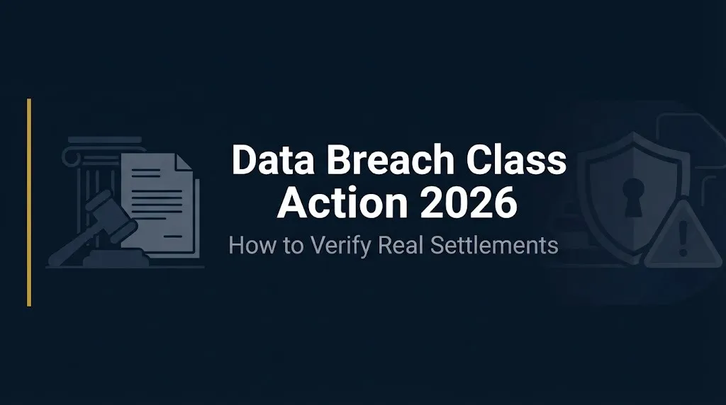 Data breach class action 2026 banner showing how to verify real settlements and avoid scams.
