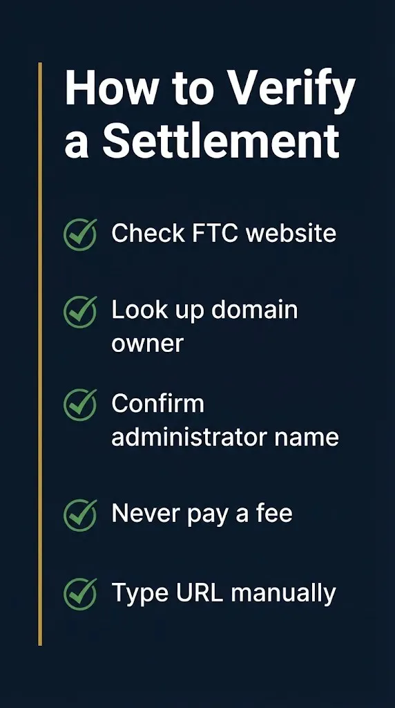 Data breach settlement verification checklist showing FTC check, domain lookup, and no-fee rules.