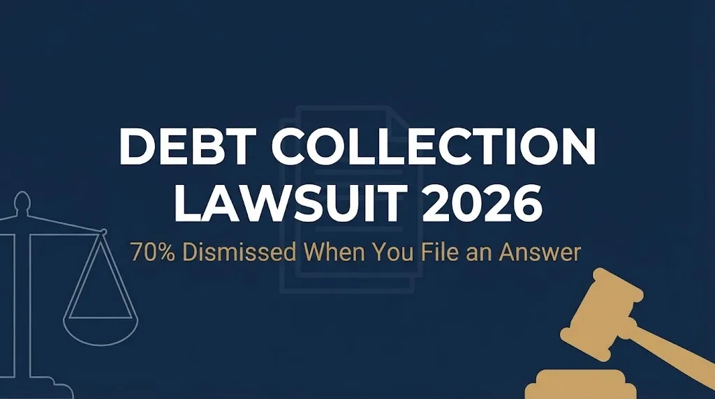 Debt collection lawsuit 2026 hero banner showing dismissal rate and legal symbols.