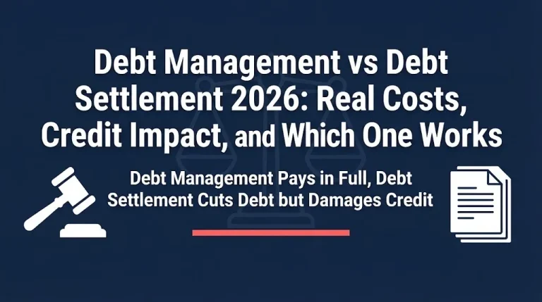 Debt management vs debt settlement 2026 comparison graphic showing costs and credit impact.